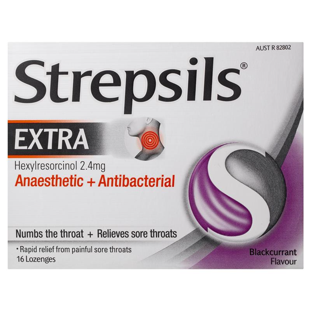 Strepsils Extra Blackcurrant Sore Throat Pain Relief with Anaesthetic Lozenges 16 Pack